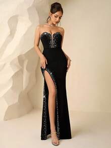 Coutiva Gaun Malam Formal Hitam Tanpa Tali yang Elegan untuk Wanita, Dihiasi Rhinestone, Gaun Pesta Mewah Kelas Atas untuk Acara Formal - Hitam - View 8