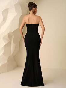Coutiva Gaun Malam Formal Hitam Tanpa Tali yang Elegan untuk Wanita, Dihiasi Rhinestone, Gaun Pesta Mewah Kelas Atas untuk Acara Formal - Hitam - View 2