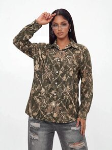 SHEIN Gowayae Blus Wanita Lengan Panjang Longgar dengan Kancing Depan dan Kerah Motif Kamuflase Pohon Kasual - MultiWarna - View 5