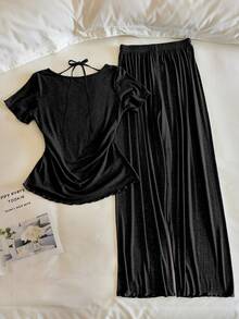 Resyla Women's Summer Casual Solid Color Cowl Neck T-Shirt And Pants 2 Pieces Set - Multicolor - View 2