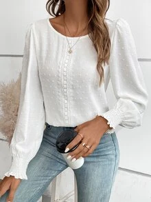 SHEIN LUNE Swiss Dot Guipure Lace Insert Lantern Sleeve Blouse,Long Sleeve Tops Fall Cloth For Women - White - View 4