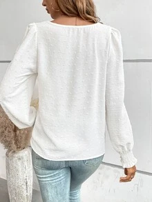 SHEIN LUNE Swiss Dot Guipure Lace Insert Lantern Sleeve Blouse,Long Sleeve Tops Fall Cloth For Women - White - View 2