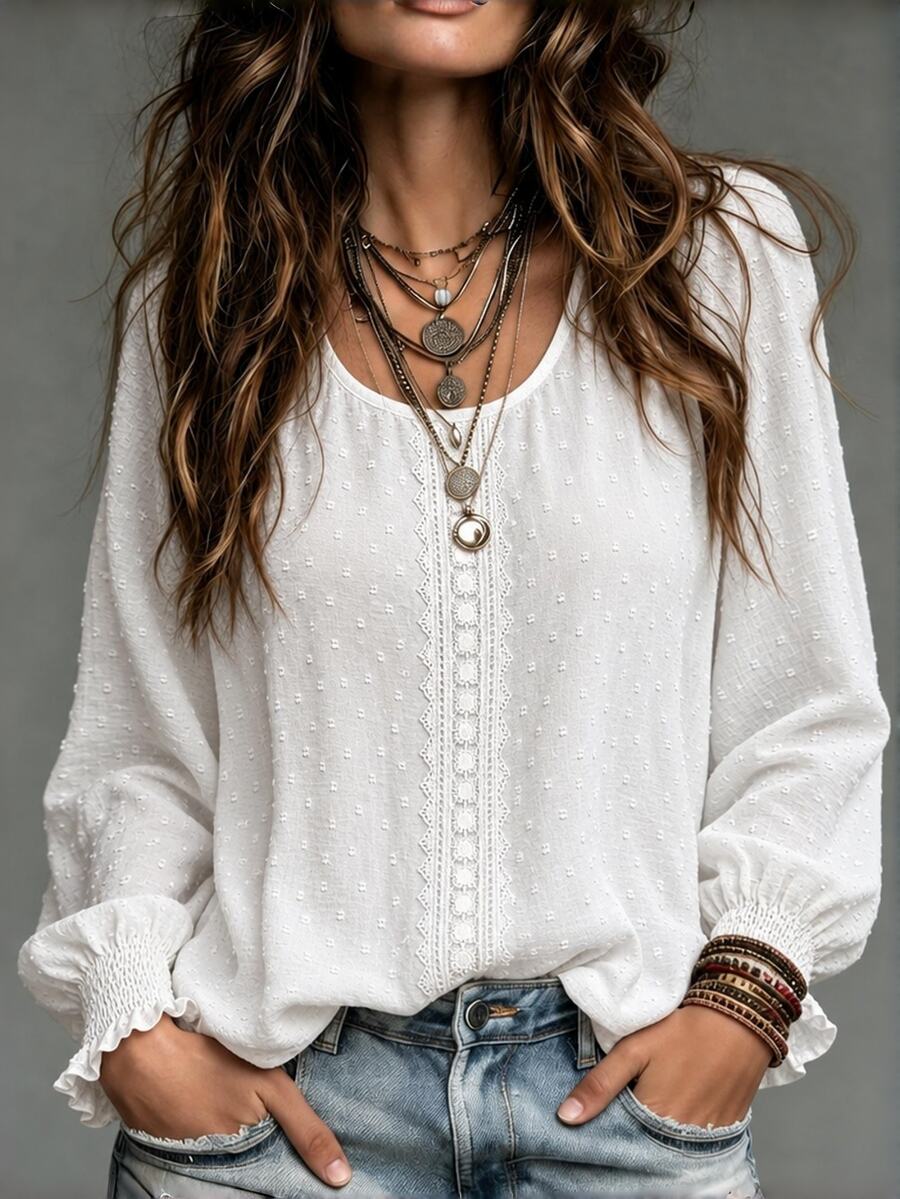 SHEIN LUNE Swiss Dot Guipure Lace Insert Lantern Sleeve Blouse,Long Sleeve Tops Fall Cloth For Women - White - View 1