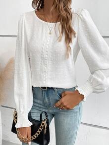 SHEIN LUNE Swiss Dot Guipure Lace Insert Lantern Sleeve Blouse,Long Sleeve Tops Fall Cloth For Women - White - View 6