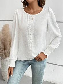 SHEIN LUNE Swiss Dot Guipure Lace Insert Lantern Sleeve Blouse,Long Sleeve Tops Fall Cloth For Women - White - View 8