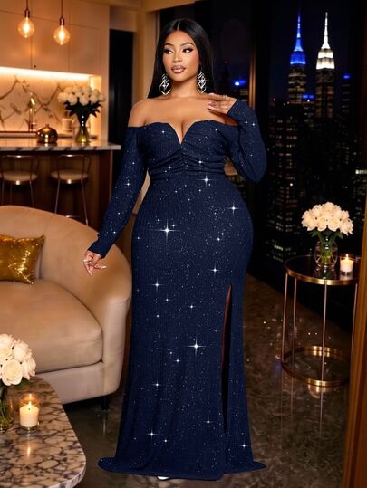 KIORVELLA Plus Size Women's Elegant Formal Navy Blue Dress,Winter Off Shoulder V-Neck Long Sleeve Mermaid Hem Bodycon Maxi Shiny Cocktail Party Evening Dress