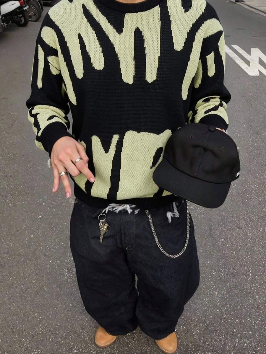 Manfinity Hypemode Men's Letter Print Casual Daily Wear Long Sleeve Sweater - Black - View 1