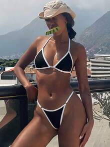 Costavie Women's Vacation Beach Colorblock Trim Swimwear Set - Black - View 7