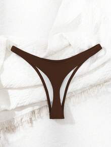 Swim Basics Solid Color High-Cut Bikini Bottoms For Summer Beach Vacation - Coffee Brown - View 2