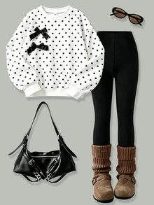 SHEIN Girls Bow Black And White Black Cartoon Character Print Sweatshirt Elastic Long Pants Casual Cute Children's Clothing Autumn School Off Campus - Black and White - View 8