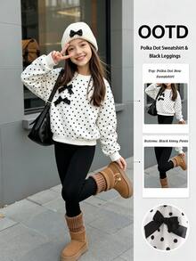 SHEIN Girls Bow Black And White Black Cartoon Character Print Sweatshirt Elastic Long Pants Casual Cute Children's Clothing Autumn School Off Campus - Black and White - View 2