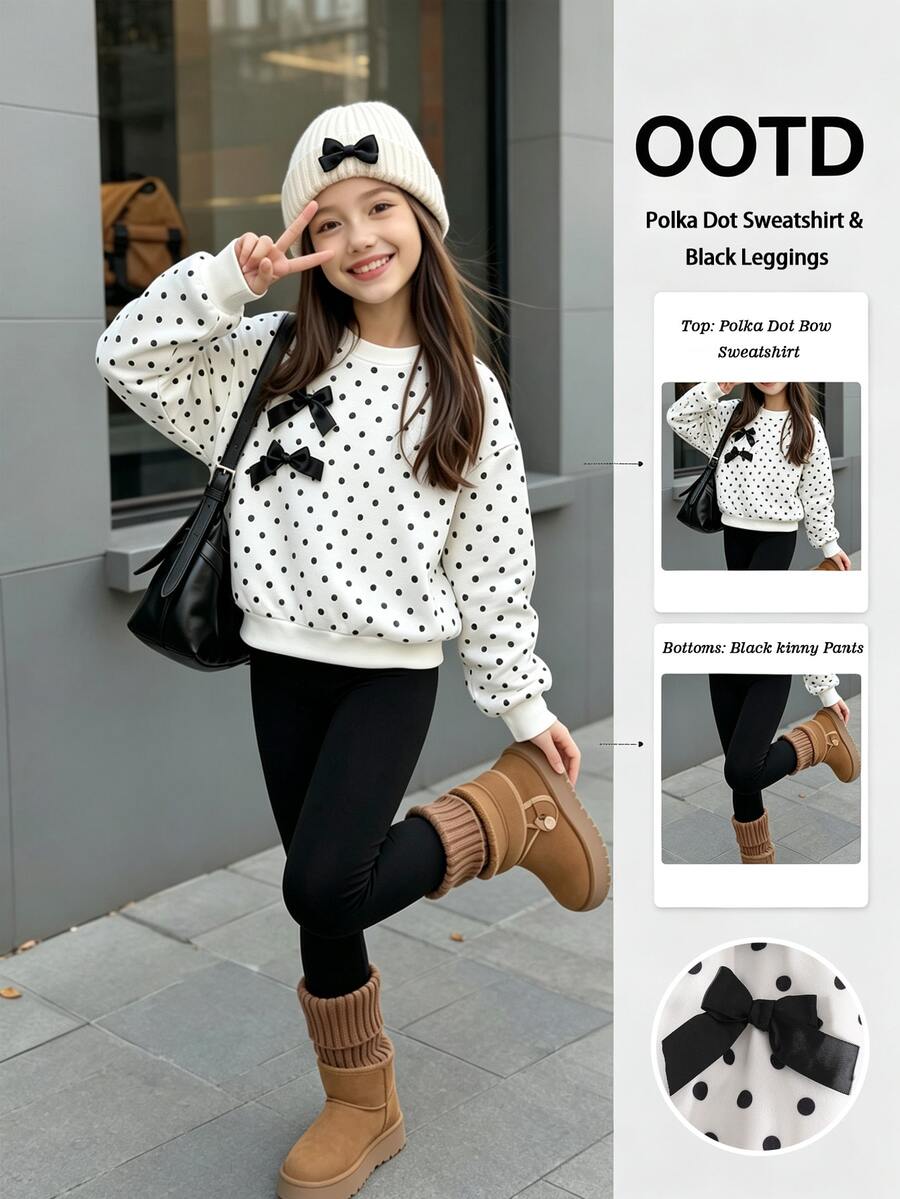 SHEIN Girls Bow Black And White Black Cartoon Character Print Sweatshirt Elastic Long Pants Casual Cute Children's Clothing Autumn School Off Campus
