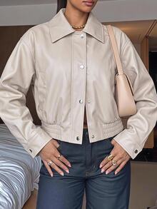 SHEIN EZwear Jaket Kasual Wanita Lengan Panjang Kancing Tunggal Warna Polos - Putih - View 12