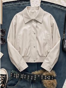 SHEIN EZwear Jaket Kasual Wanita Lengan Panjang Kancing Tunggal Warna Polos - Putih - View 3