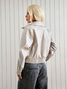 SHEIN EZwear Jaket Kasual Wanita Lengan Panjang Kancing Tunggal Warna Polos - Putih - View 4