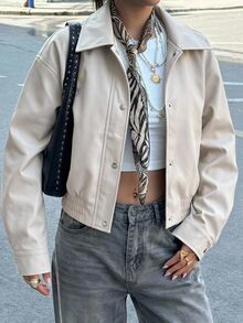 SHEIN EZwear Jaket Kasual Wanita Lengan Panjang Kancing Tunggal Warna Polos - Putih - View 2