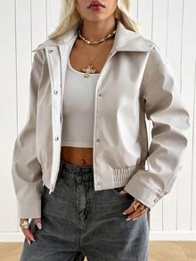 SHEIN EZwear Jaket Kasual Wanita Lengan Panjang Kancing Tunggal Warna Polos - Putih - View 5