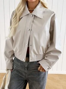SHEIN EZwear Jaket Kasual Wanita Lengan Panjang Kancing Tunggal Warna Polos - Putih - View 6