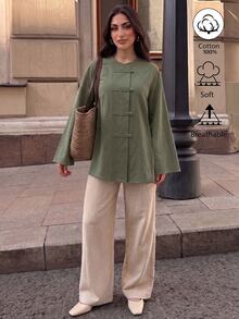Breezaya Solid Button Front Blouse - Army Green - View 8