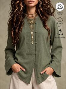 Breezaya Solid Button Front Blouse - Army Green - View 2