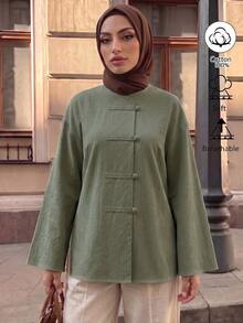 Breezaya Solid Button Front Blouse - Army Green - View 9