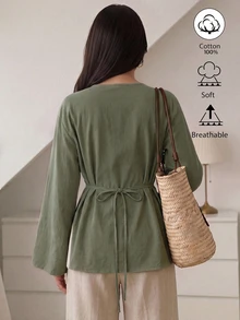 Breezaya Solid Button Front Blouse - Army Green - View 3