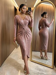 SHEIN Lady Gaun Pesta Elegan Ukuran Plus dengan Hiasan Kilau dan Simpul Putar untuk Musim Gugur - MultiWarna - View 5