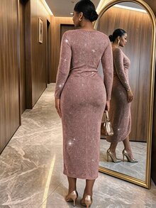 SHEIN Lady Gaun Pesta Elegan Ukuran Plus dengan Hiasan Kilau dan Simpul Putar untuk Musim Gugur - MultiWarna - View 2