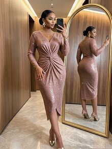 SHEIN Lady Gaun Pesta Elegan Ukuran Plus dengan Hiasan Kilau dan Simpul Putar untuk Musim Gugur - MultiWarna - View 6