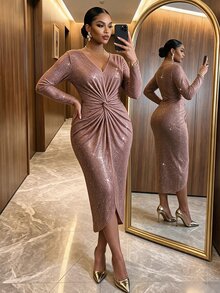 SHEIN Lady Gaun Pesta Elegan Ukuran Plus dengan Hiasan Kilau dan Simpul Putar untuk Musim Gugur - MultiWarna - View 4