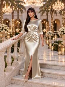 SHEIN Lady Gaun Satin Elegan Ukuran Plus dengan Lipit dan Belahan Depan untuk Musim Gugur - Emas - View 5