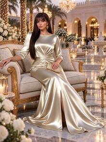 SHEIN Lady Gaun Satin Elegan Ukuran Plus dengan Lipit dan Belahan Depan untuk Musim Gugur - Emas - View 7