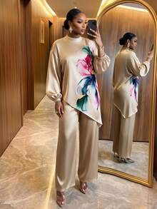 SHEIN Lady CURVE Plus Size Satin Floral Print Asymmetrical Hem Top And Loose Long Pants 2 Pieces Set Fall - Gold - View 5