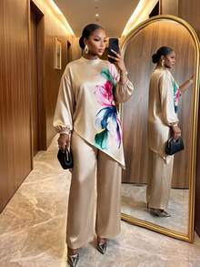 SHEIN Lady CURVE Plus Size Satin Floral Print Asymmetrical Hem Top And Loose Long Pants 2 Pieces Set Fall - Gold - View 3