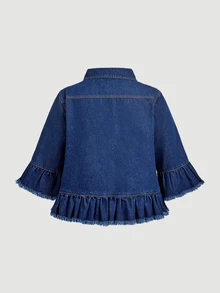 EMERY ROSE Plus Size Street Fashion Button Frayed Hem Denim Jacket - Blue - View 3