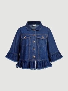 EMERY ROSE Plus Size Street Fashion Button Frayed Hem Denim Jacket - Blue - View 2