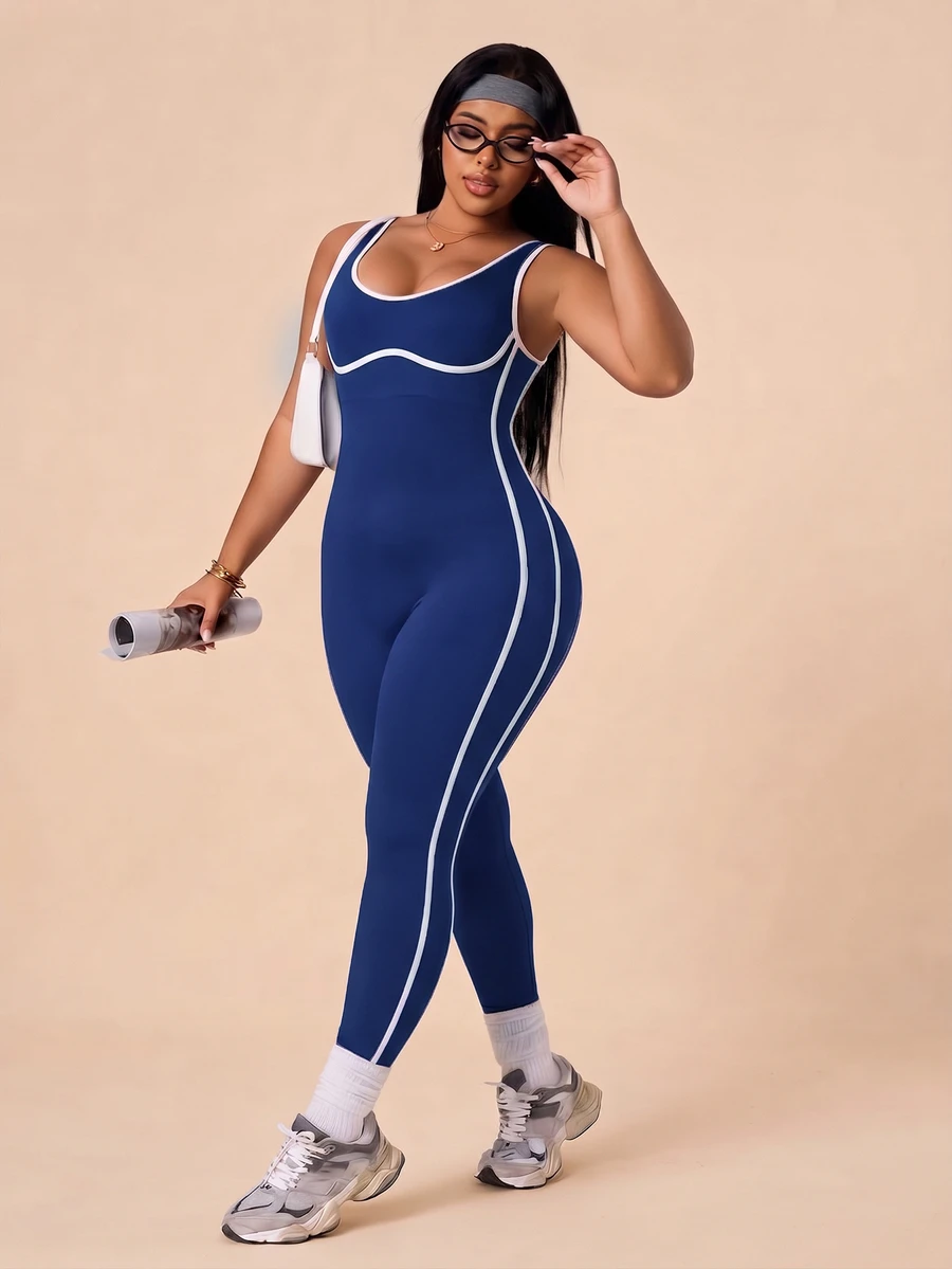 SHEIN Rhythm Era Women's Plus Size Piped Daily Fitness Tank Top Style Jumpsuit - Navy Blue - View 1