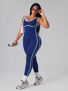 SHEIN Rhythm Era Women's Plus Size Piped Daily Fitness Tank Top Style Jumpsuit - Navy Blue - View 5