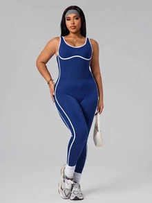 SHEIN Rhythm Era Women's Plus Size Piped Daily Fitness Tank Top Style Jumpsuit - Navy Blue - View 3