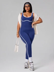 SHEIN Rhythm Era Women's Plus Size Piped Daily Fitness Tank Top Style Jumpsuit - Navy Blue - View 6