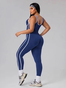 SHEIN Rhythm Era Women's Plus Size Piped Daily Fitness Tank Top Style Jumpsuit - Navy Blue - View 2