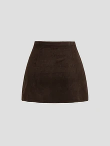 Sweetra Women's Brown Faux Suede Casual Comfortable Versatile Commute Metal Heart Buckle Decor A-Line Skirt - Coffee Brown - View 2