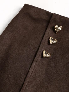 Sweetra Women's Brown Faux Suede Casual Comfortable Versatile Commute Metal Heart Buckle Decor A-Line Skirt - Coffee Brown - View 5