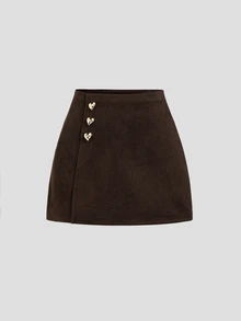 Sweetra Women's Brown Faux Suede Casual Comfortable Versatile Commute Metal Heart Buckle Decor A-Line Skirt - Coffee Brown - View 1