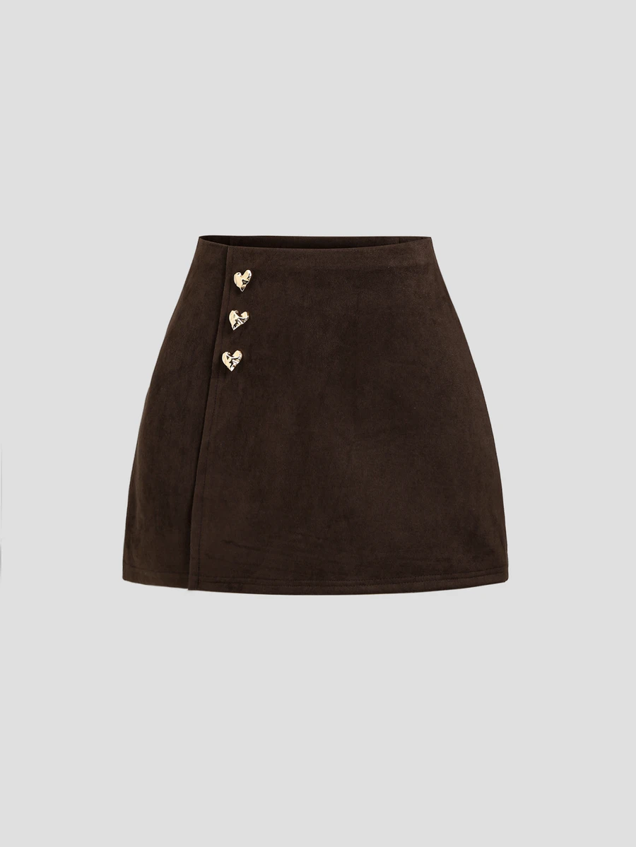 Sweetra Women's Brown Faux Suede Casual Comfortable Versatile Commute Metal Heart Buckle Decor A-Line Skirt - Coffee Brown - View 1