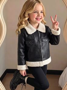 SHEIN Elladie kids YoungGirls 女孩酷炫機車風黑色長袖夾克，光滑PU面料搭配白色羊羔毛領、下擺與袖口，金色飾邊鈕扣，假口袋設計，短版修身，適合校園、日常穿著，秋冬加厚款 - 黑色 - 查看 4