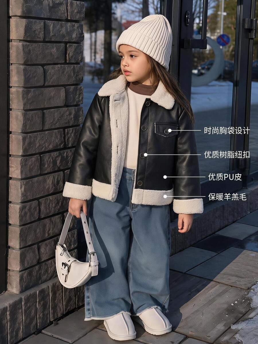 SHEIN Elladie kids YoungGirls 女孩酷炫機車風黑色長袖夾克,光滑PU面料搭配白色羊羔毛領、下擺與袖口,金色飾邊鈕扣,假口袋設計,短版修身,適合校園、日常穿著,秋冬加厚款 - 黑色 - 查看 1