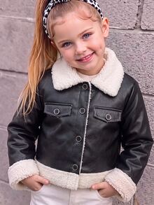 SHEIN Elladie kids YoungGirls 女孩酷炫機車風黑色長袖夾克，光滑PU面料搭配白色羊羔毛領、下擺與袖口，金色飾邊鈕扣，假口袋設計，短版修身，適合校園、日常穿著，秋冬加厚款 - 黑色 - 查看 6