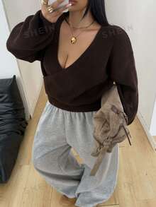 POPSWAY Plus Size Wrap V-Neck Drop Shoulder Lantern Long Sleeve Knit Sweater, Solid Brown Loose Casual Sexy Top Fall Date Night Vacation Evening - Black and White - View 4