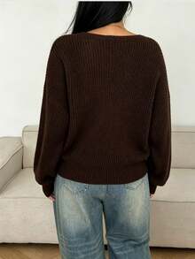 POPSWAY Plus Size Wrap V-Neck Drop Shoulder Lantern Long Sleeve Knit Sweater, Solid Brown Loose Casual Sexy Top Fall Date Night Vacation Evening - Black and White - View 3